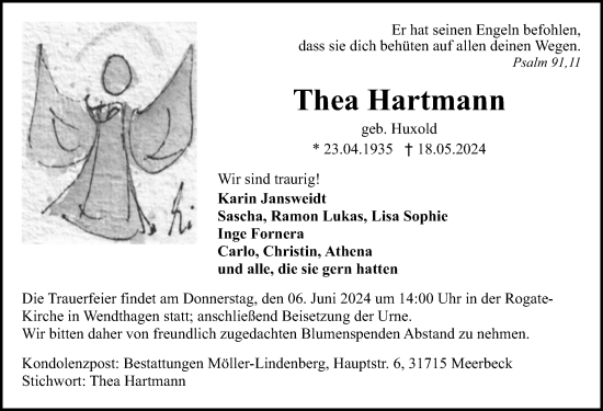 Traueranzeige von Thea Hartmann von Schaumburger Nachrichten