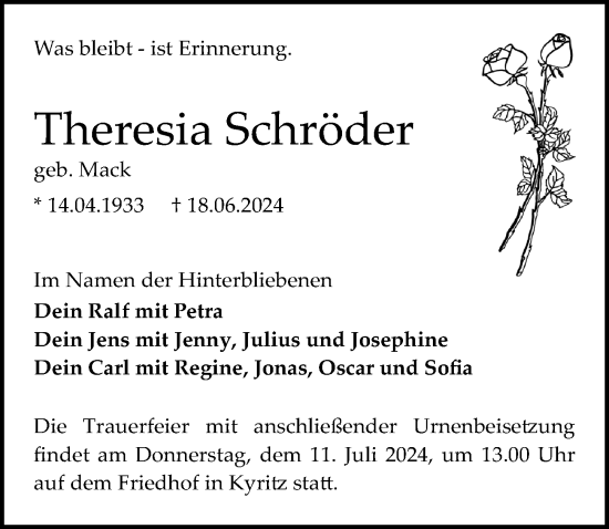 Traueranzeige von Theresia Schröder von Wochenspiegel