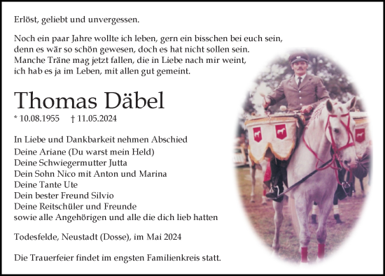 Traueranzeige von Thomas Däbel von Wochenspiegel