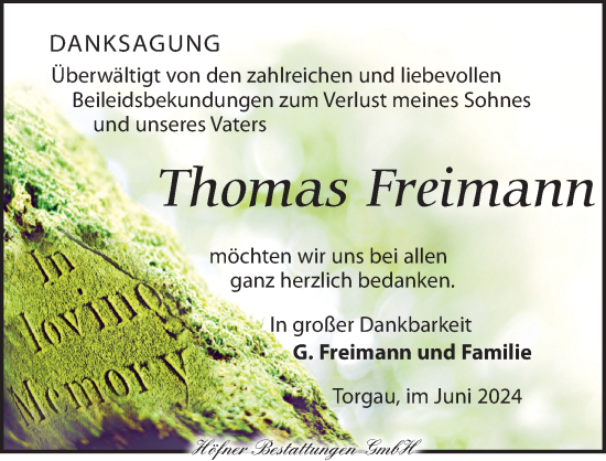 Traueranzeige von Thomas Freimann von Torgauer Zeitung