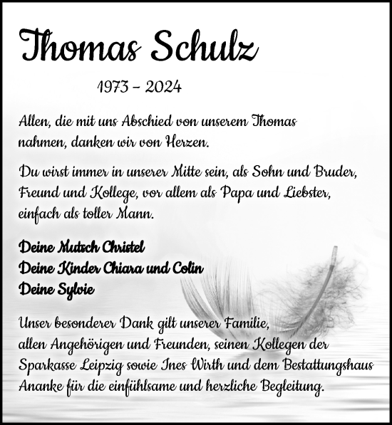 Traueranzeige von Thomas Schulz von Leipziger Volkszeitung