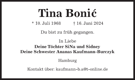 Traueranzeige von Tina Bonic von Kieler Nachrichten