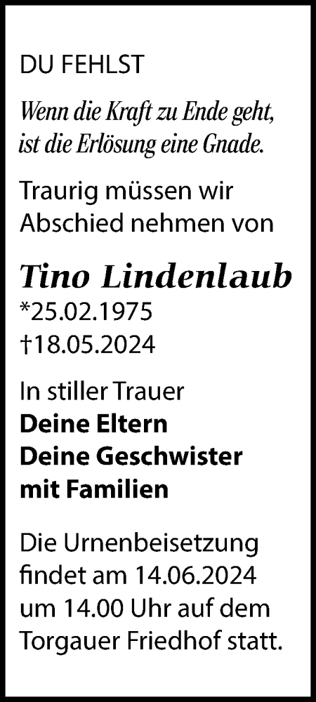 Traueranzeige von Tino Lindenlaub von Torgauer Zeitung