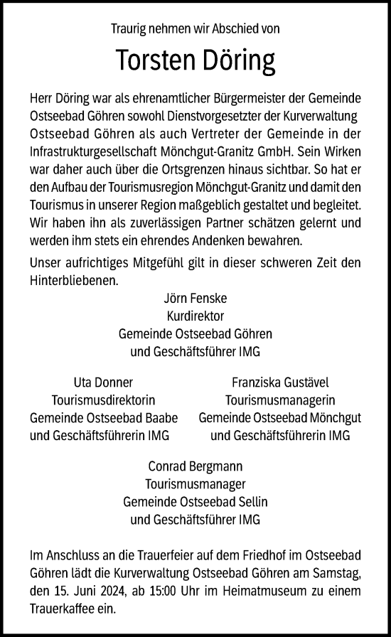 Traueranzeige von Torsten Döring von Ostsee-Zeitung GmbH