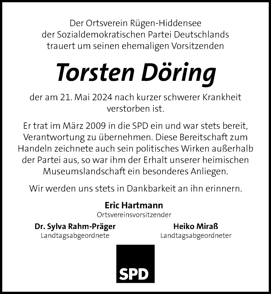  Traueranzeige für Torsten Döring vom 08.06.2024 aus Ostsee-Zeitung GmbH