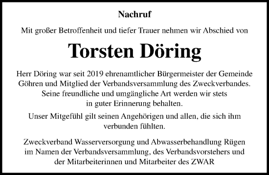 Traueranzeige von Torsten Döring von Ostsee-Zeitung GmbH