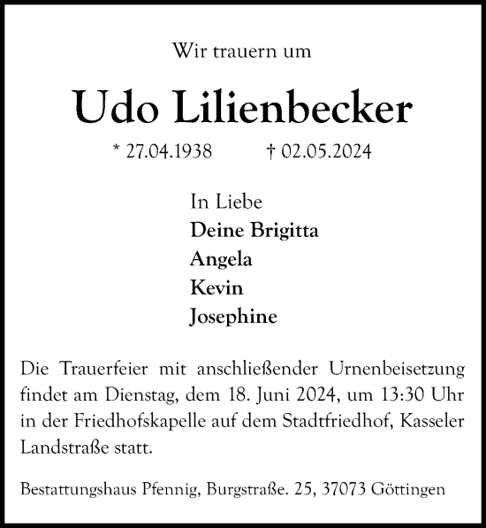 Traueranzeige von Udo Lilienbecker von Göttinger Tageblatt