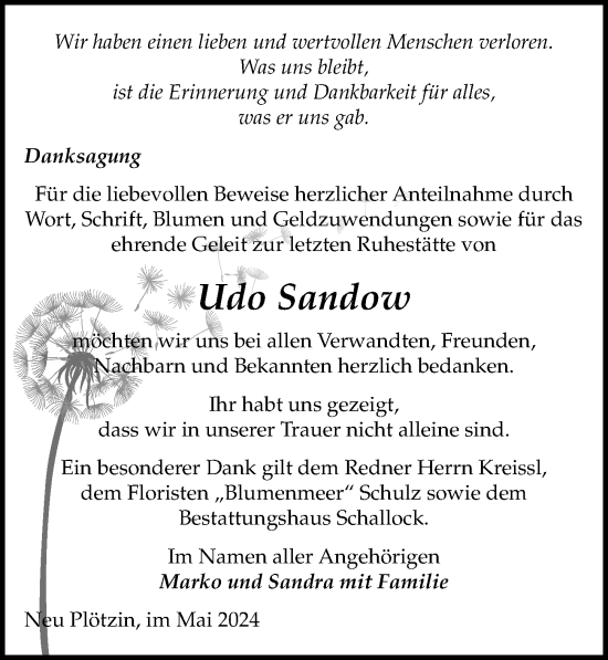 Traueranzeige von Udo Sandow von Märkischen Allgemeine Zeitung