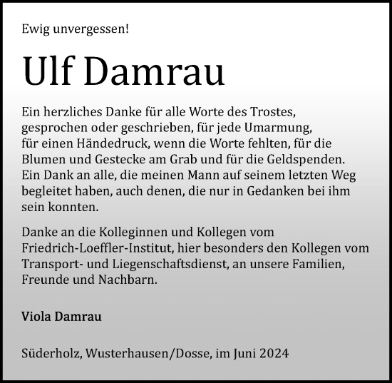 Traueranzeige von Ulf Damrau von Ostsee-Zeitung GmbH