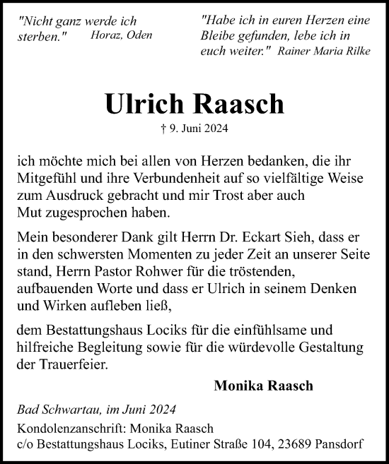 Traueranzeige von Ulrich Raasch von Lübecker Nachrichten