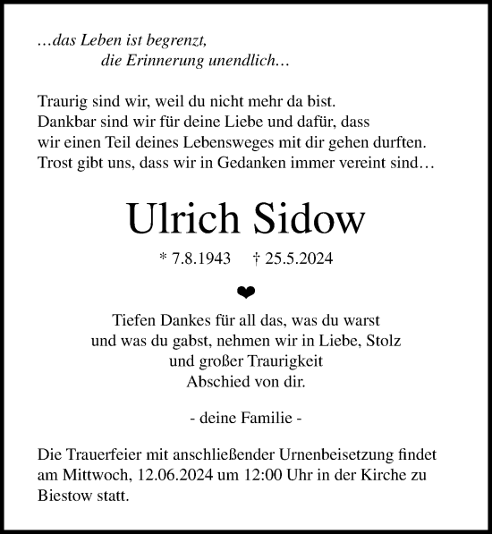 Traueranzeige von Ulrich Sidow von Ostsee-Zeitung GmbH