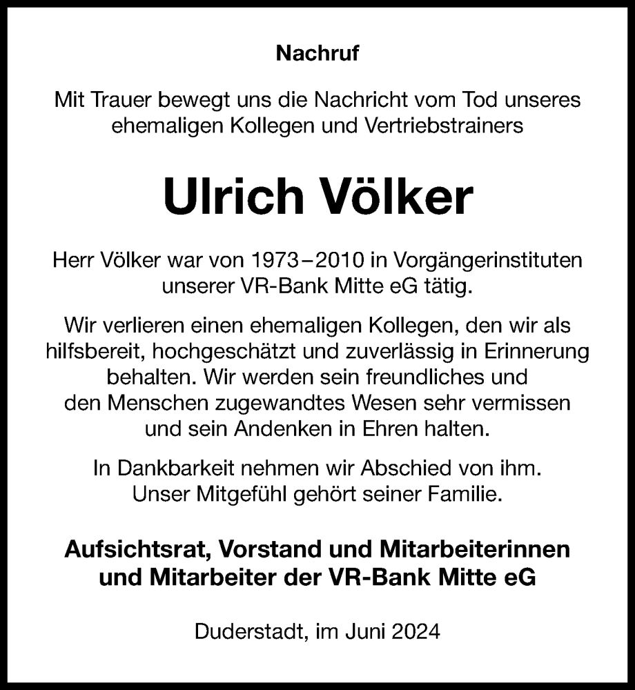  Traueranzeige für Ulrich Völker vom 22.06.2024 aus Eichsfelder Tageblatt