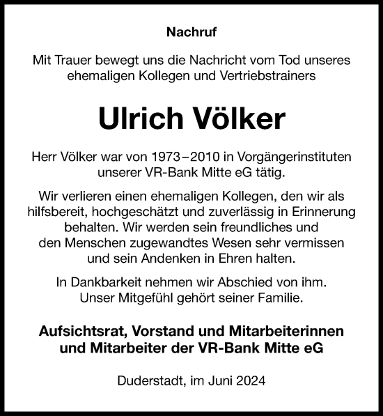 Traueranzeige von Ulrich Völker von Eichsfelder Tageblatt