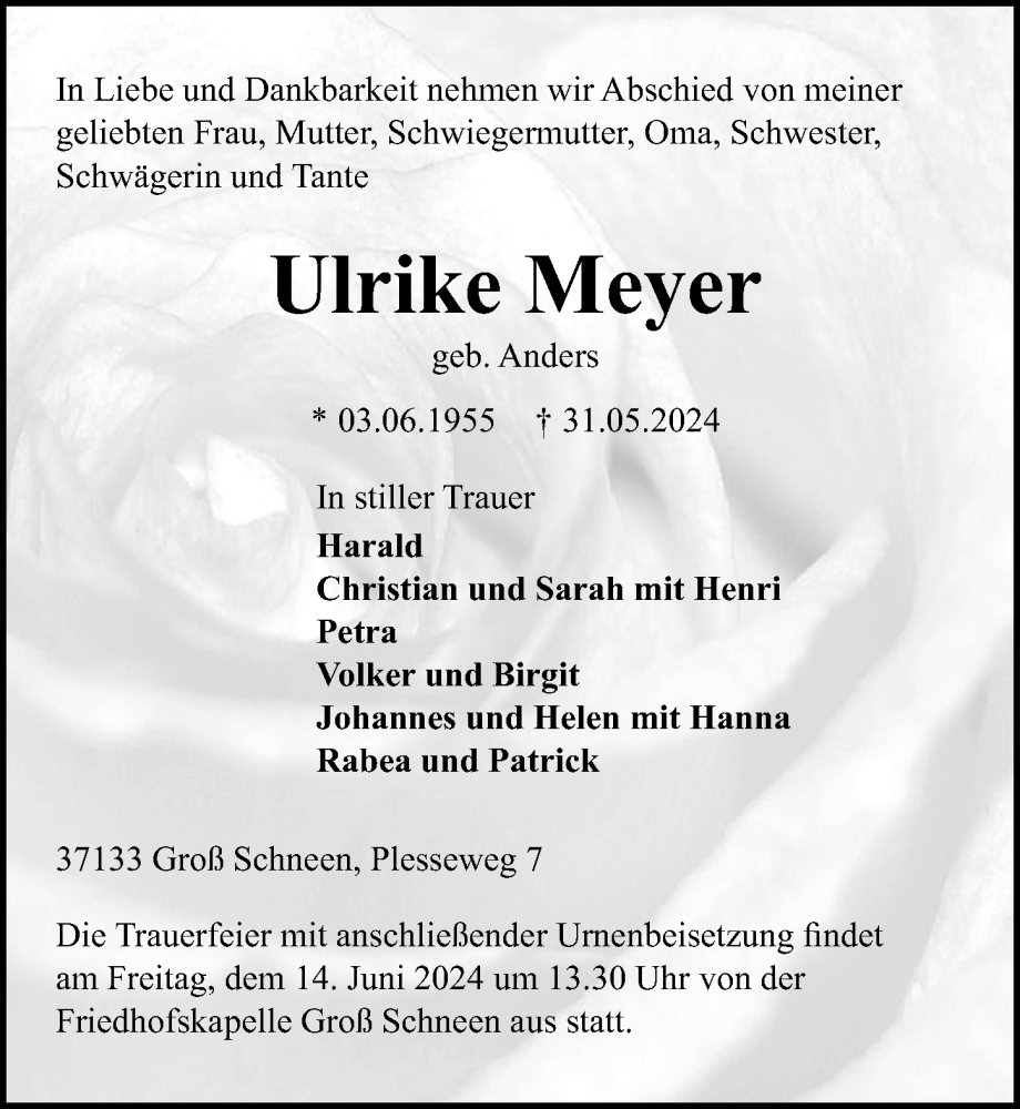  Traueranzeige für Ulrike Meyer vom 08.06.2024 aus Göttinger Tageblatt