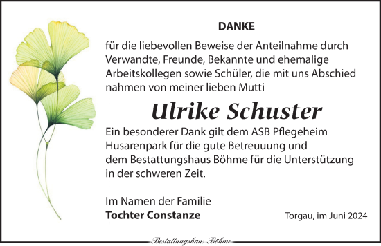 Traueranzeige von Ulrike Schuster von Torgauer Zeitung