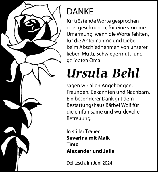 Traueranzeige von Ursula Behl von Leipziger Volkszeitung