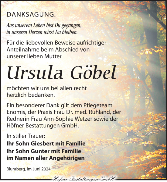 Traueranzeige von Ursula Göbel von Torgauer Zeitung