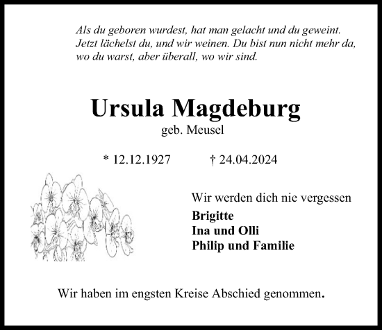 Traueranzeige von Ursula Magdeburg von Kieler Nachrichten