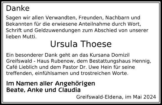 Traueranzeige von Ursula Thoese von Ostsee-Zeitung GmbH