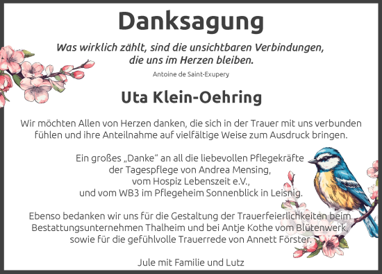 Traueranzeige von Uta Klein-Oehring von Leipziger Volkszeitung