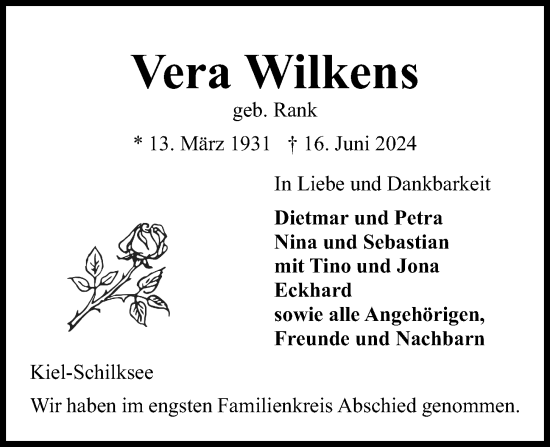 Traueranzeige von Vera Wilkens von Kieler Nachrichten