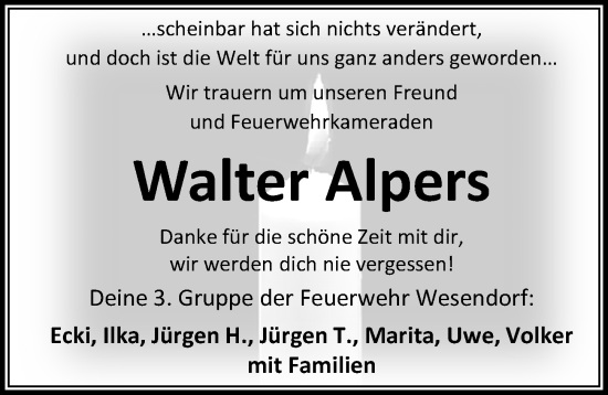 Traueranzeige von Walter Alpers von Aller Zeitung
