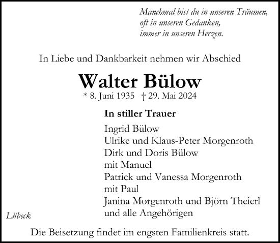 Traueranzeige von Walter Bülow von Lübecker Nachrichten