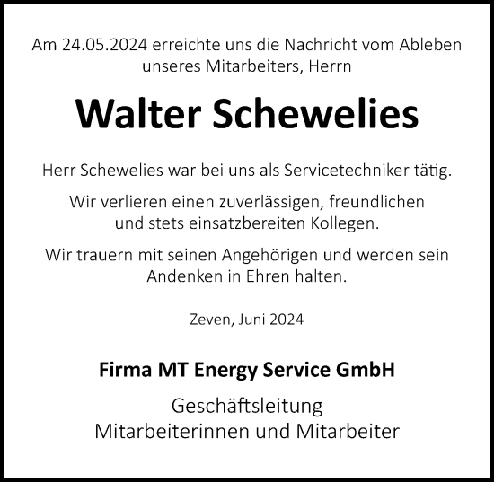 Traueranzeige von Walter Schewelies von Ostsee-Zeitung GmbH