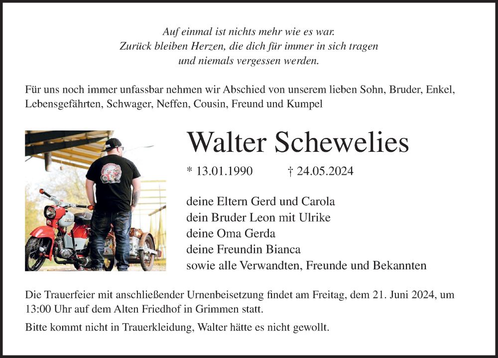  Traueranzeige für Walter Schewelies vom 15.06.2024 aus Ostsee-Zeitung GmbH