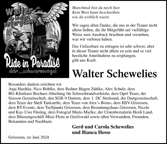 Traueranzeige von Walter Schewelies von Ostsee-Zeitung GmbH