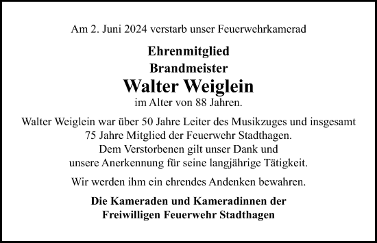 Traueranzeige von Walter Weiglein von Schaumburger Nachrichten