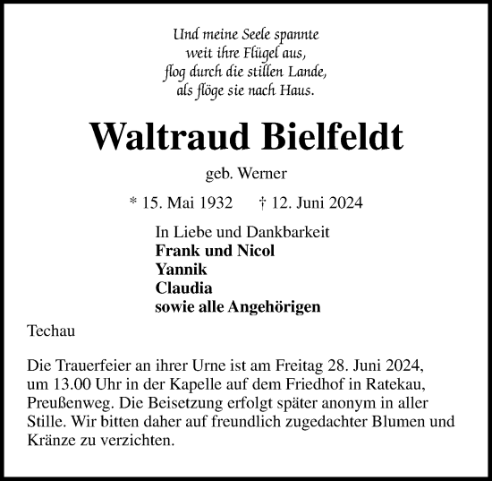 Traueranzeige von Waltraud Bielfeldt von Lübecker Nachrichten