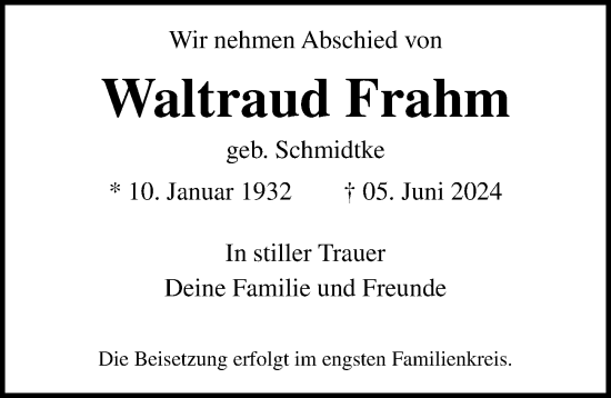 Traueranzeige von Waltraud Frahm von Lübecker Nachrichten