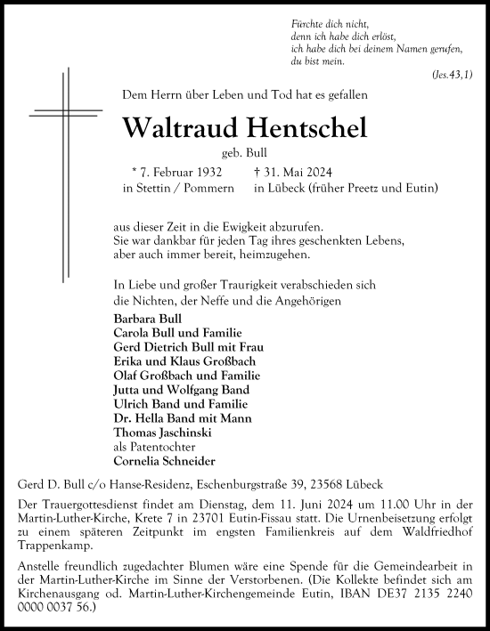 Traueranzeige von Waltraud Hentschel von Kieler Nachrichten