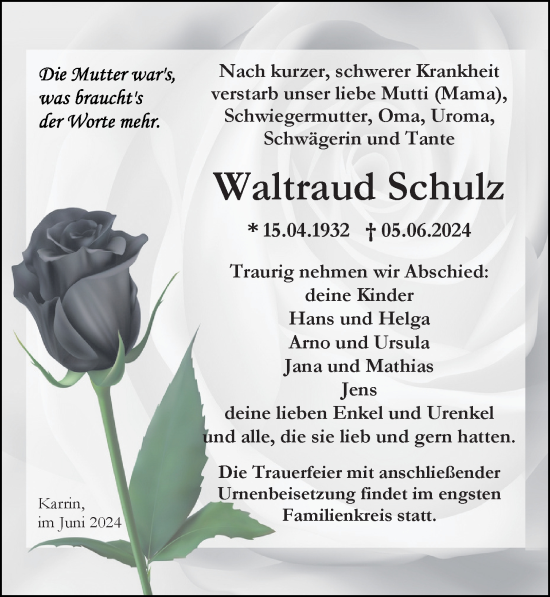 Traueranzeige von Waltraud Schulz von Ostsee-Zeitung GmbH