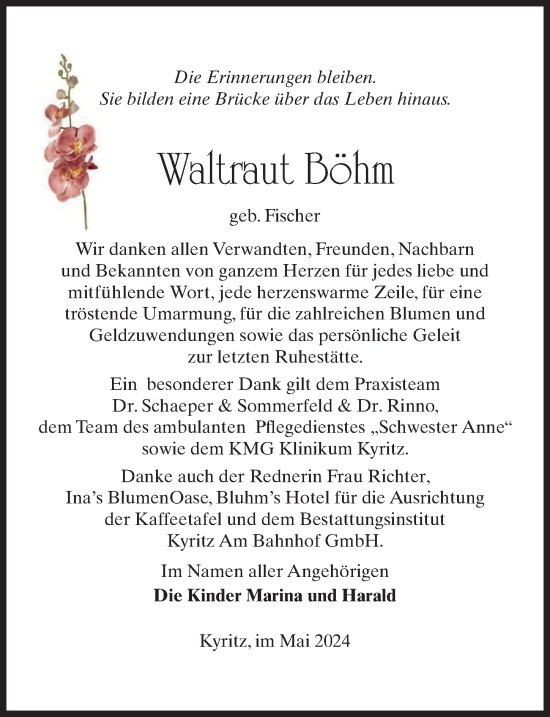 Traueranzeige von Waltraut Böhm von Wochenspiegel