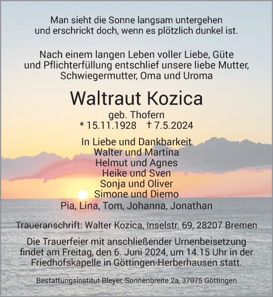 Traueranzeige von Waltraut Kozica von Göttinger Tageblatt