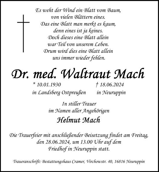 Traueranzeige von Waltraut Mach von Märkischen Allgemeine Zeitung