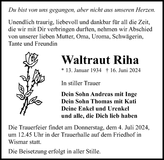Traueranzeige von Waltraut Riha von Ostsee-Zeitung GmbH