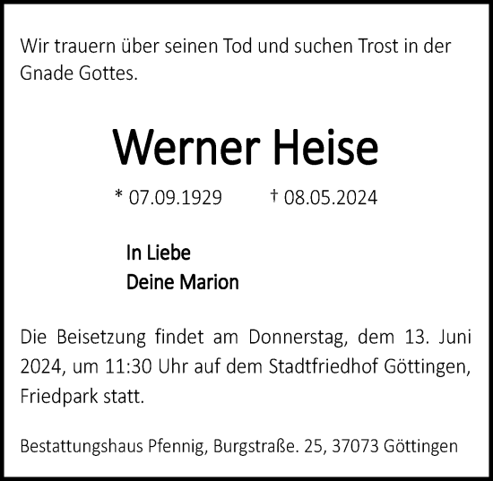 Traueranzeige von Werner Heise von Göttinger Tageblatt