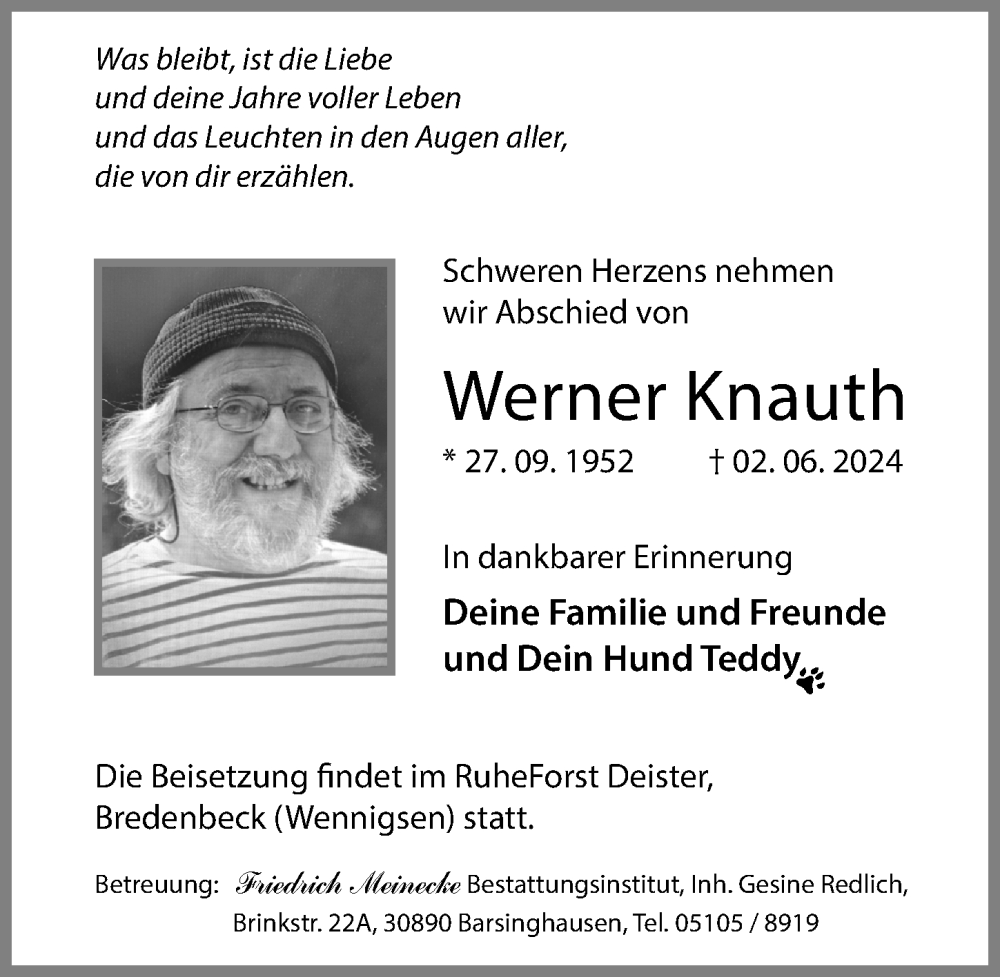  Traueranzeige für Werner Knauth vom 08.06.2024 aus Hannoversche Allgemeine Zeitung/Neue Presse