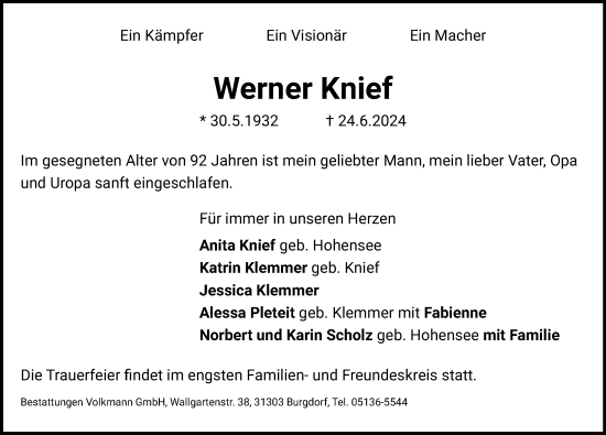 Traueranzeige von Werner Knief von Hannoversche Allgemeine Zeitung/Neue Presse