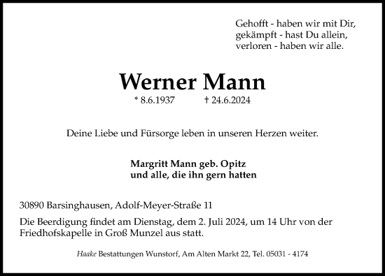 Traueranzeige von Werner Mann von Hannoversche Allgemeine Zeitung/Neue Presse