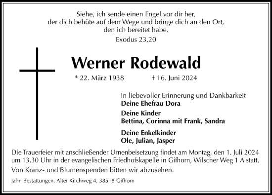 Traueranzeige von Werner Rodewald von Aller Zeitung