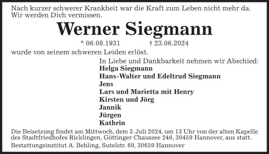 Traueranzeige von Werner Siegmann von Hannoversche Allgemeine Zeitung/Neue Presse