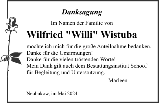 Traueranzeige von Wilfried Wistuba von Ostsee-Zeitung GmbH