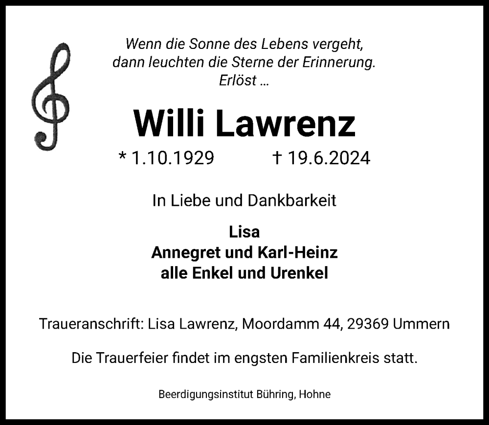  Traueranzeige für Willi Lawrenz vom 28.06.2024 aus Aller Zeitung