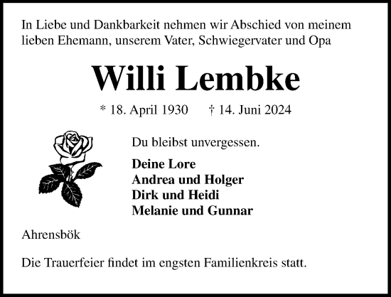 Traueranzeige von Willi Lembke von Lübecker Nachrichten