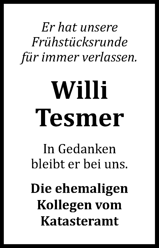 Traueranzeige von Willi Tesmer von Lübecker Nachrichten