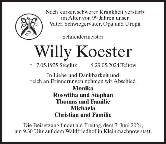 Traueranzeige von Willy Koester von Märkischen Allgemeine Zeitung
